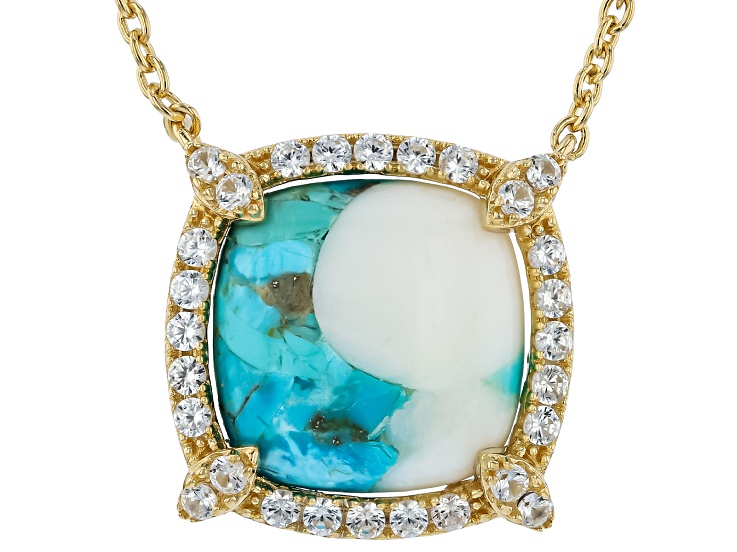 Blended Blue Composite Turquoise With White Mother-of-Pearl 18K Gold Over Silver Necklace 0.36ctw