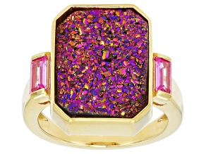 Purple Drusy with Lab Created Sapphire 18K Yellow Gold Over Sterling Silver Ring 8.07ctw
