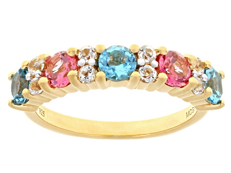 Swiss Blue, Pink, and White Topaz 18k Yellow Gold Over Sterling Silver Ring 1.57ctw