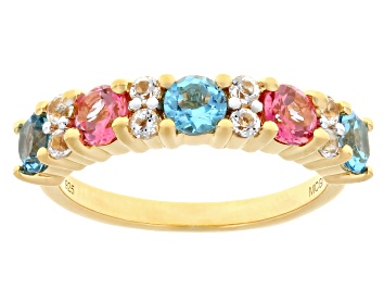 Picture of Swiss Blue, Pink, and White Topaz 18k Yellow Gold Over Sterling Silver Ring 1.57ctw