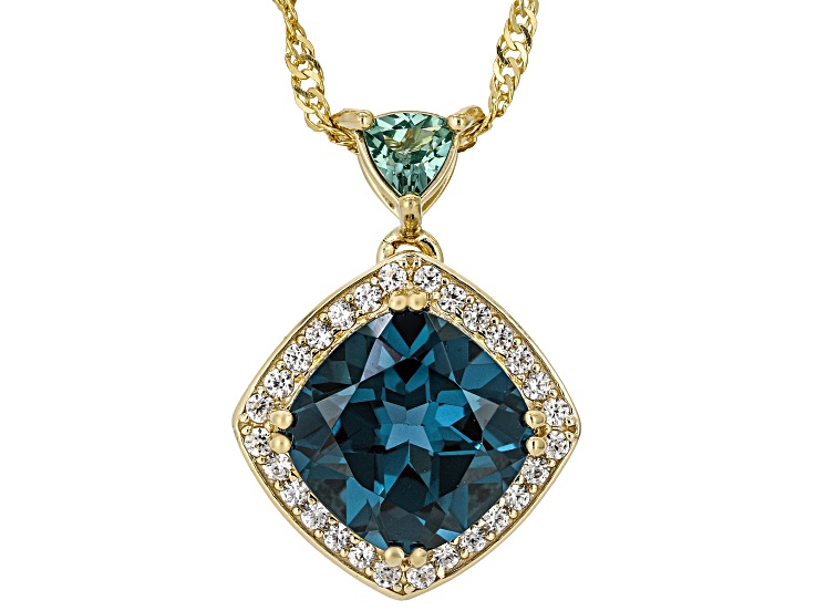 Teal & Green Lab Created Spinel With Zircon 18K Yellow Gold Over Silver Pendant With Chain 4.69ctw