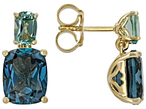 Teal and Green Lab Created Spinel 18K Yellow Gold Over Silver Earrings 8.04ctw