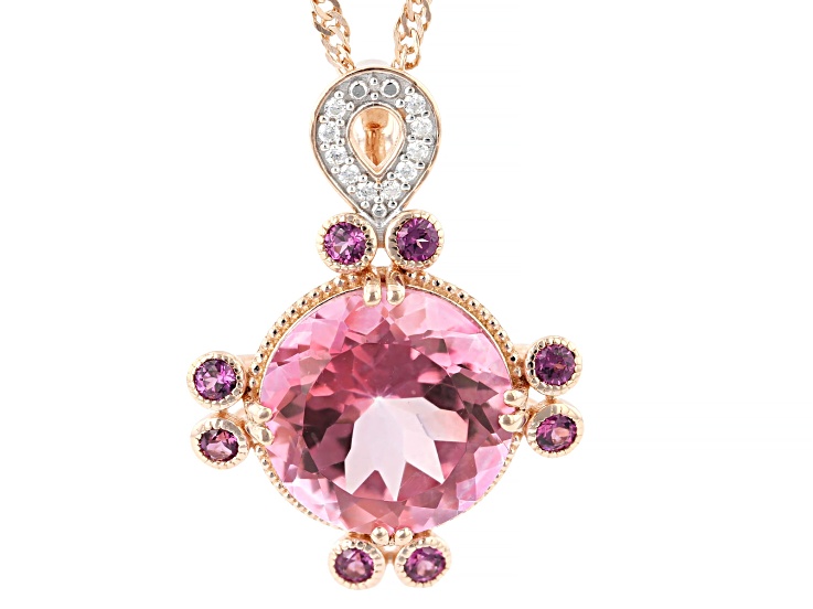 Pink Topaz with Grape Color Garnet & Moissanite 18K Rose Gold Over Silver Pendant/Chain 6.99ctw