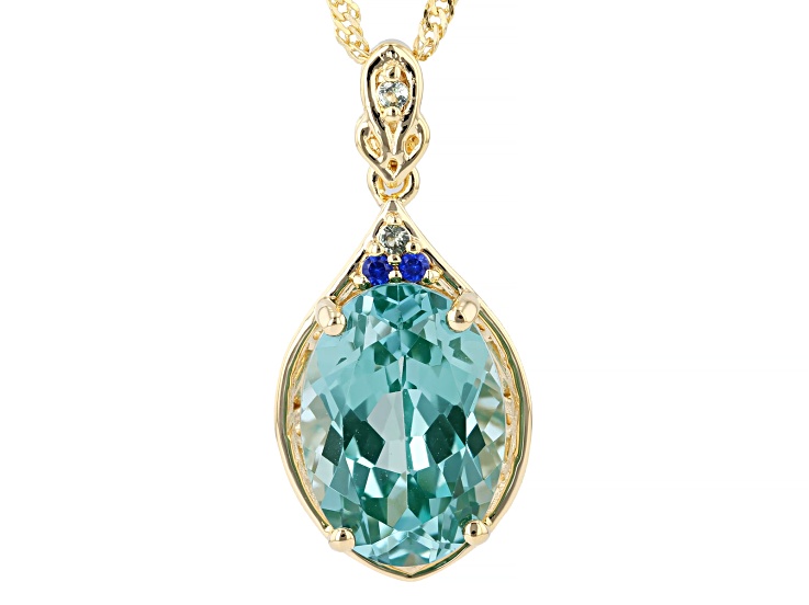 Green and Blue Lab Created Spinel 18K Yellow Gold Over Sterling Silver Pendant With Chain 6.30ctw