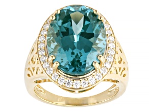 Green Lab Created Spinel With Moissanite 18K Yellow Gold Over Sterling Silver Halo Ring 10.08ctw