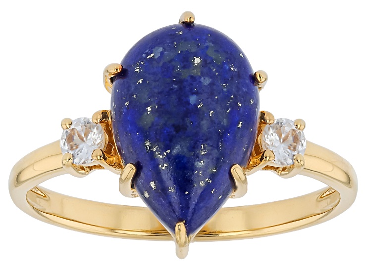 Blue Lapis Lazuli With White Zircon 18K Yellow Gold Over Sterling Silver Ring 0.27ctw