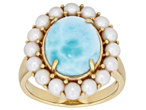 Blue Larimar with Cultured Freshwater Pearl 18K Yellow Gold Over Sterling Silver Ring