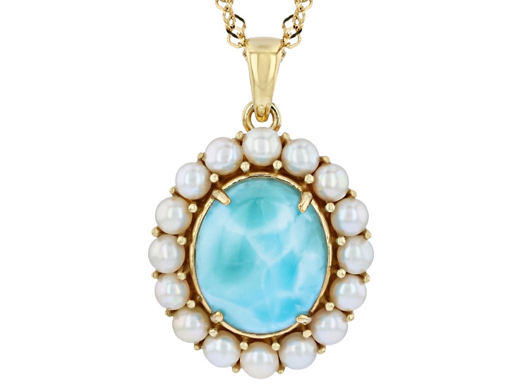 Blue Larimar with White Freshwater Pearl 18K Yellow Gold Over Sterling Silver Pendant with Chain