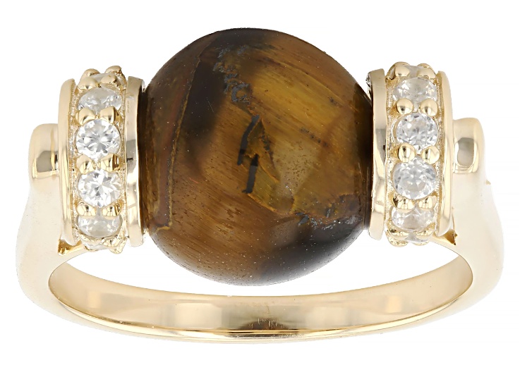 Brown Tiger's Eye with White Zircon 18K Yellow Gold Over Sterling Silver Ring 0.29ctw