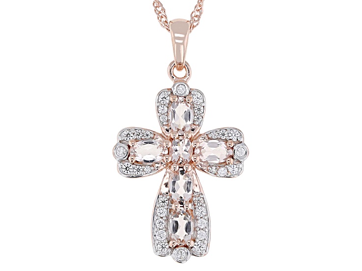 Peach Morganite With White Zircon 18k Rose Gold Over Sterling Silver Pendant With Chain 0.44ctw