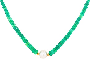 Green Ethiopian Opal With Cultured Freshwater Pearl 18K Yellow Gold Over Sterling Silver Necklace