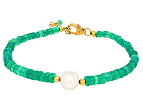 Green Ethiopian Opal With Cultured Freshwater Pearl 18K Yellow Gold Over Sterling Silver Bracelet