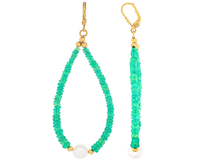 Green Ethiopian Opal With Cultured Freshwater Pearl 18K Yellow Gold Over Sterling Silver Earrings
