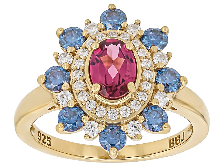 Grape Color Garnet with Moissanite 18K Yellow Gold Over Sterling Silver Ring 1.92ctw