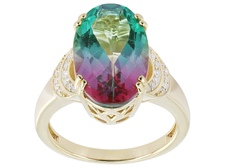 Watermelon Topaz with White Moissanite 18K Yellow Gold Over Sterling Silver Ring 9.21ctw