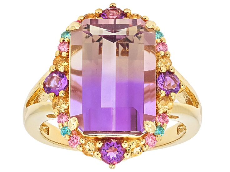 Bi-Color Ametrine 18K Yellow Gold Over Sterling Silver Halo Ring 7.58ctw