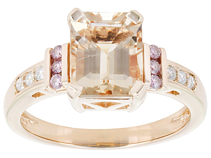 Peach Morganite With White & Pink Moissanite 18K Rose Gold Over Sterling Silver Ring 1.53ctw