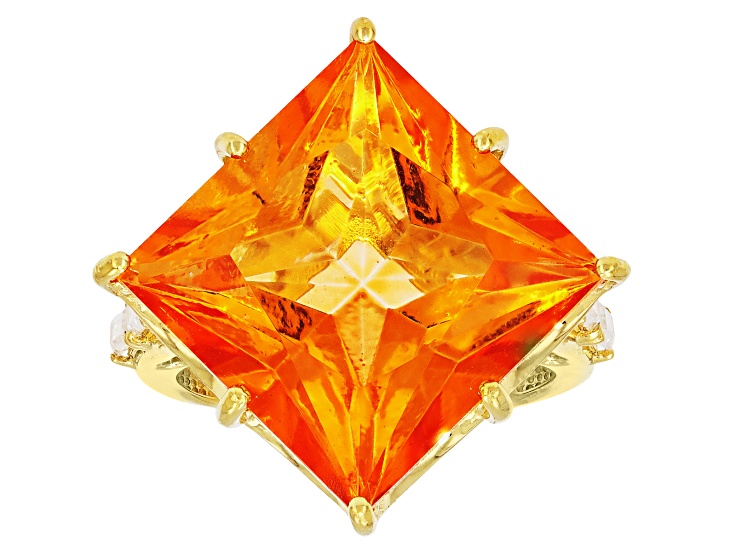 Peach Mandarin Topaz with White Moissanite 18KYellow Gold Over Sterling Silver Ring 14.11ctw
