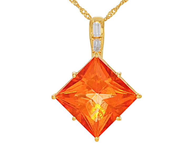 Peach Mandarin Topaz with White Moissanite 18KYellow Gold Over Silver Pendant/Chain 13.85ctw