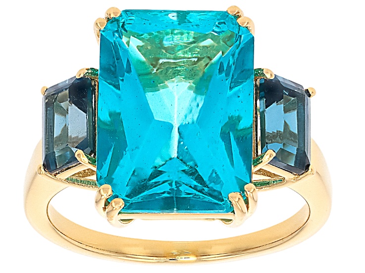 Blue Paraiba Color Topaz With London Blue Topaz 18K Yellow Gold Over Silver 3 Stone Ring 8.79ctw