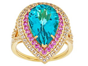 Blue Paraiba Color Topaz 18K Yellow Gold Over Sterling Silver Double Halo Ring 6.53ctw