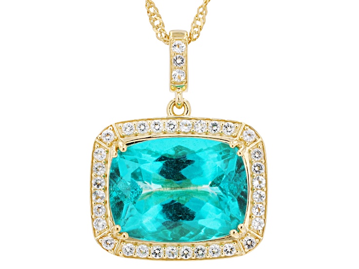 Blue Paraiba Color Topaz 18K Yellow Gold Over Sterling Silver Halo Pendant With Chain 11.97ctw