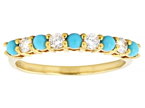 Sleeping Beauty Turquoise with Lab Grown Diamond 18K Yellow Gold Over Sterling Silver Ring 0.22ctw