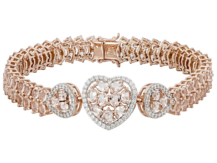 Peach Morganite with White Zircon 18K Rose Gold & Rhodium Over Silver Tennis Bracelet 12.84ctw