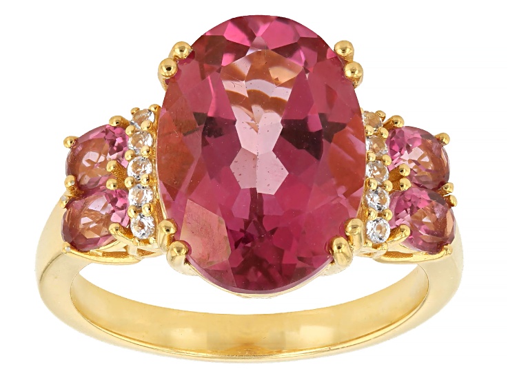 Pink Topaz with White Topaz 18K Yellow Gold Over Sterling Silver Ring 5.73ctw