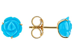 Blue Sleeping Beauty Turquoise 18K Yellow Gold Over Sterling Silver Carved Flower Stud Earrings