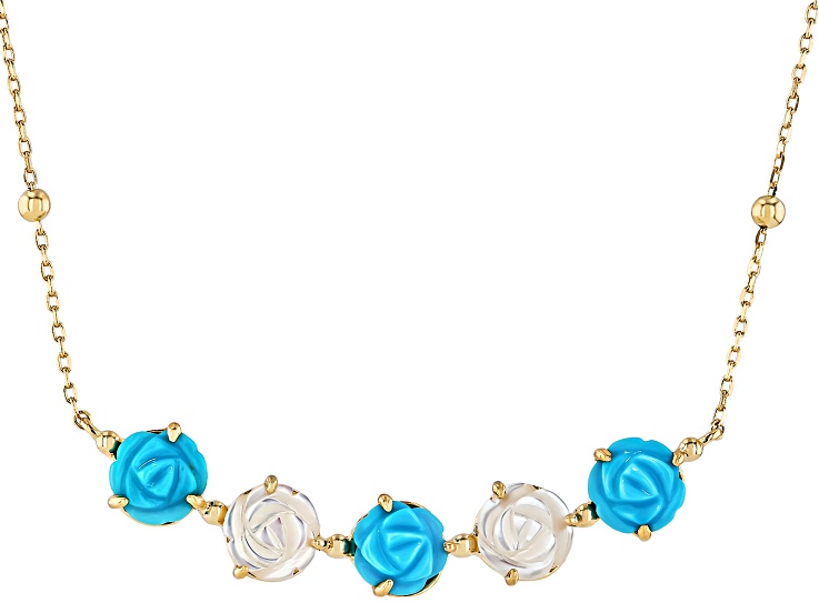 Blue Sleeping Beauty Turquoise With Mother-of-Pearl 18K Gold Over Silver Carved Flower Necklace