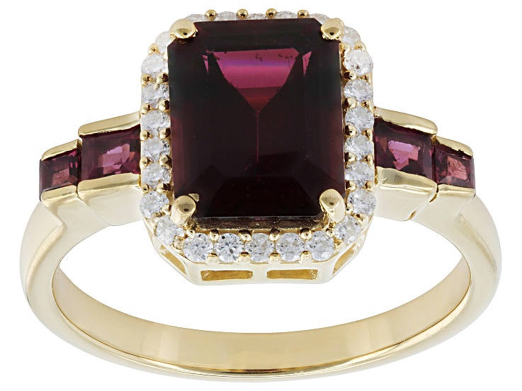 Rhodolite with Moissanite 18 K Yellow Gold Over Sterling Silver Ring 2.92ctw