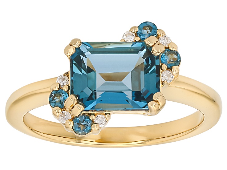 London Blue Topaz With White Moissanite 18K Yellow Gold Over Sterling Silver Ring 2.65ctw