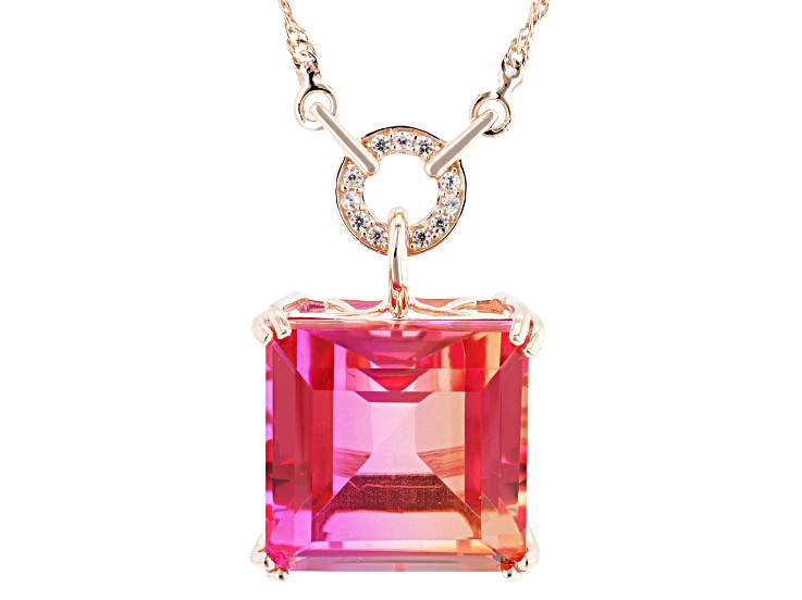 Sunset Quartz Doublet with White Zircon 18K Rose Gold Over Silver Pendant/Chain 12.83ctw