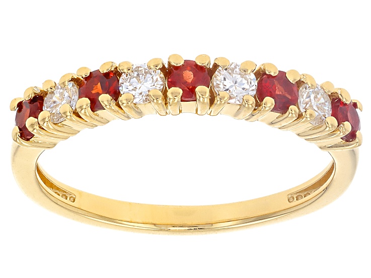 Red Anthill Garnet With White Lab Grown Diamond 18K Yellow Gold Over Silver Band Ring 0.58ctw