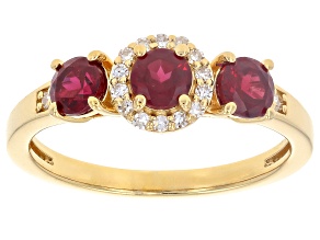 Red Anthill Garnet With White Lab Grown Diamond 18K Yellow Gold Over Silver 3 Stone Ring 0.92ctw