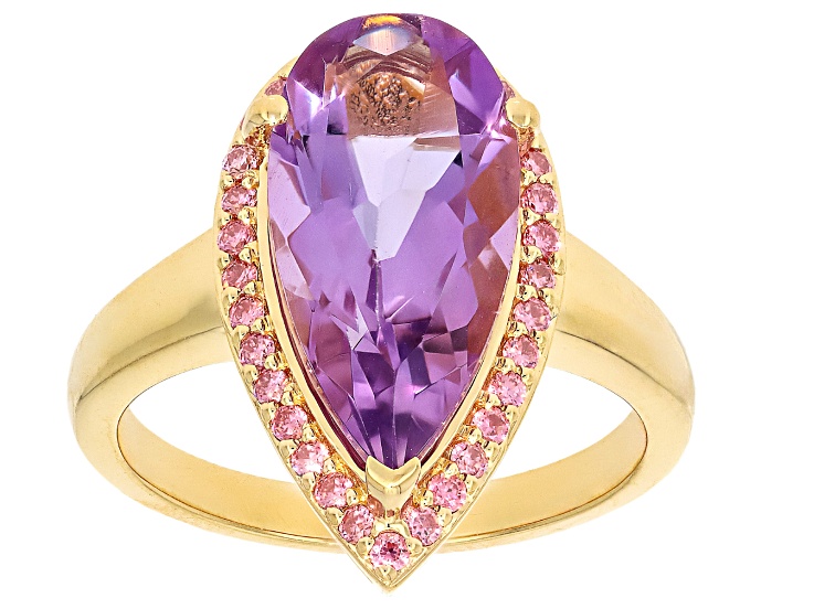 Pink Amethyst with Pink Moissanite 18K Yellow Gold Over Sterling Silver Ring 4.06ctw