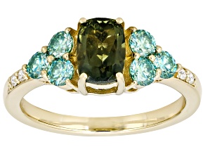 Green Moldavite with White Moissanite 18K Yellow Gold over Sterling Silver Ring 1.30ctw