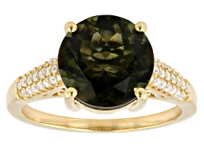 Green Moldavite with White Moissanite 18K Yellow Gold Over Sterling Silver Ring 2.99ctw