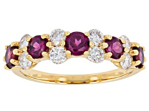 Grape Color Garnet With White Moissanite 18K Yellow Gold Over Sterling Silver Band Ring 2.08ctw