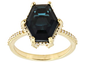 Blue Indicolite Color Quartz Doublet with White Moissanite 18K Yellow Gold Over Silver Ring 4.43ctw