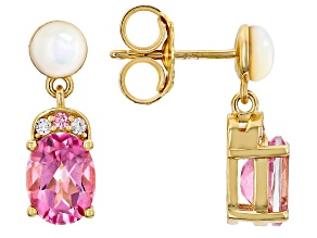 Pink Topaz With Moissanite and Mother-Of-Pearl 18K Yellow Gold Over Sterling Silver Earrings 3.21ctw