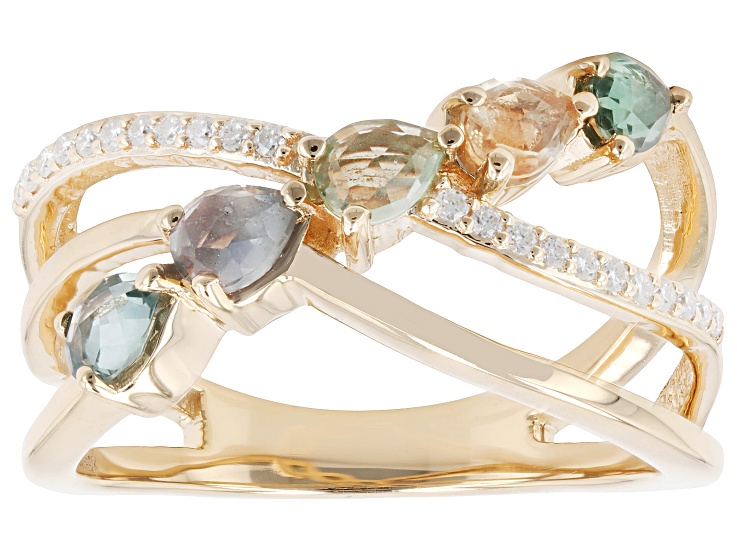 Multi Color Montana Sapphire With White Moissanite 18K Yellow Gold Over Sterling Silver Ring 0.77ctw