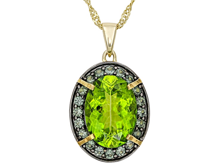 Meadow Green Topaz With Green Lab Created Spinel 18K Yellow Gold Over Silver Pendant/Chain 12.24ctw