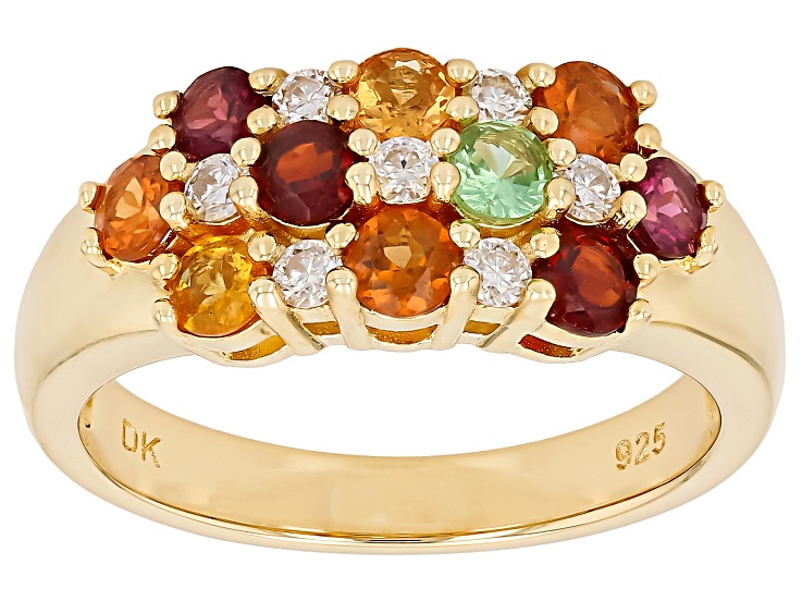 Multi Color Garnet With White Moissanite 18K Yellow Gold Over Sterling Silver Multi-Row Ring 1.54ctw