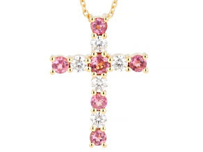 Pink Tourmaline with White Moissanite 18K Yellow Gold Over Silver Pendant with Chain 0.56ctw