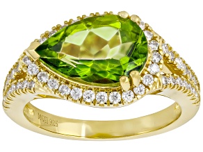 Green Meadow Topaz with White Moissanite 18K Yellow Gold Over Sterling Silver Ring 3.51ctw