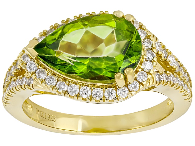 Green Meadow Topaz with White Moissanite 18K Yellow Gold Over Sterling Silver Ring 3.51ctw