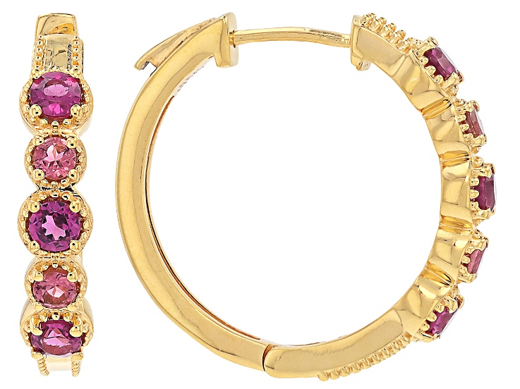 Grape Color Garnet with Pink Tourmaline 18K Yellow Gold Over Sterling Silver Hoop Earrings 1.00ctw