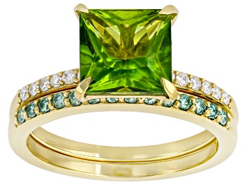 Picture of Green Meadow Topaz with Moissanite 18K Yellow Gold Over Sterling Silver Ring 2.76ctw